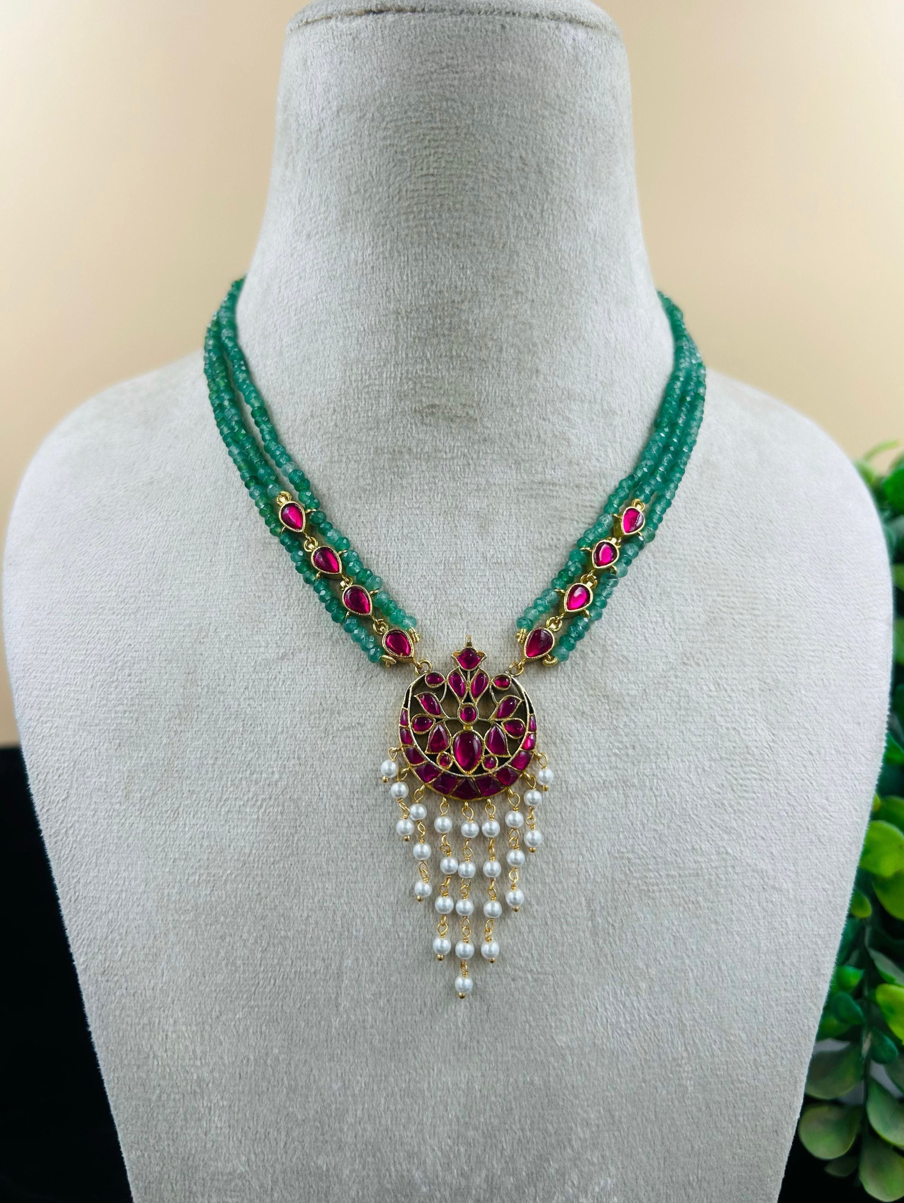 Green Beads Moti Mala Necklace Set
