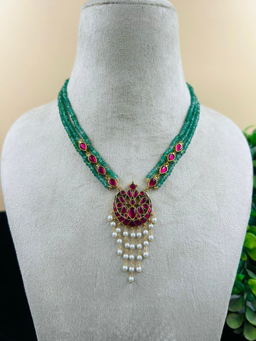 Green Beads Moti Mala Necklace Set