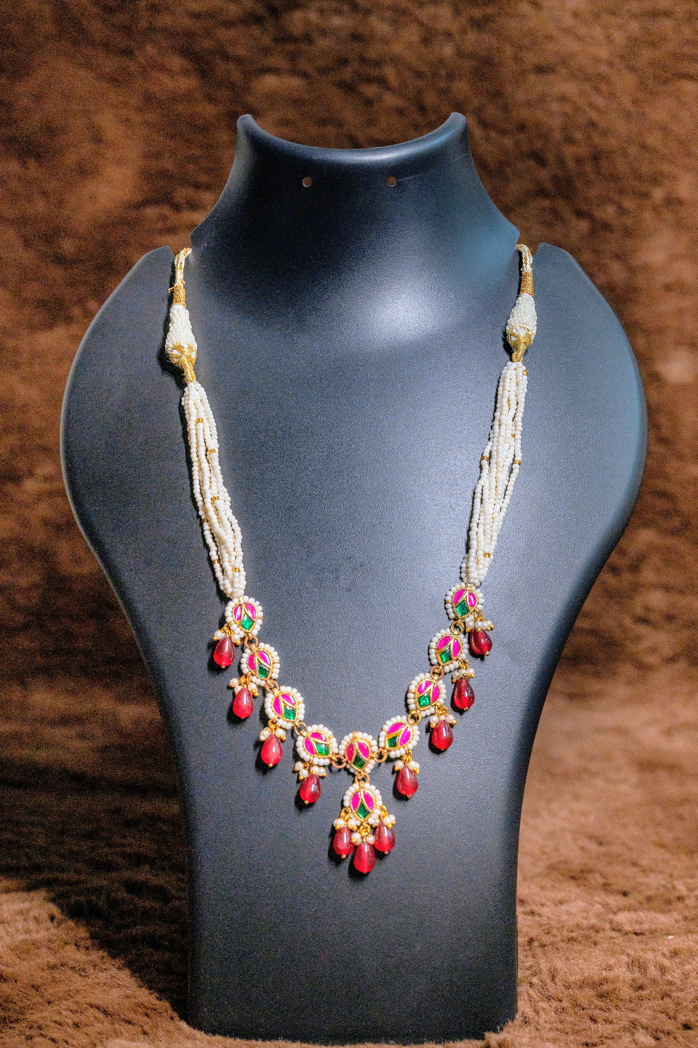 Pink Beads Jadau Kundan Necklace Set With Emerald