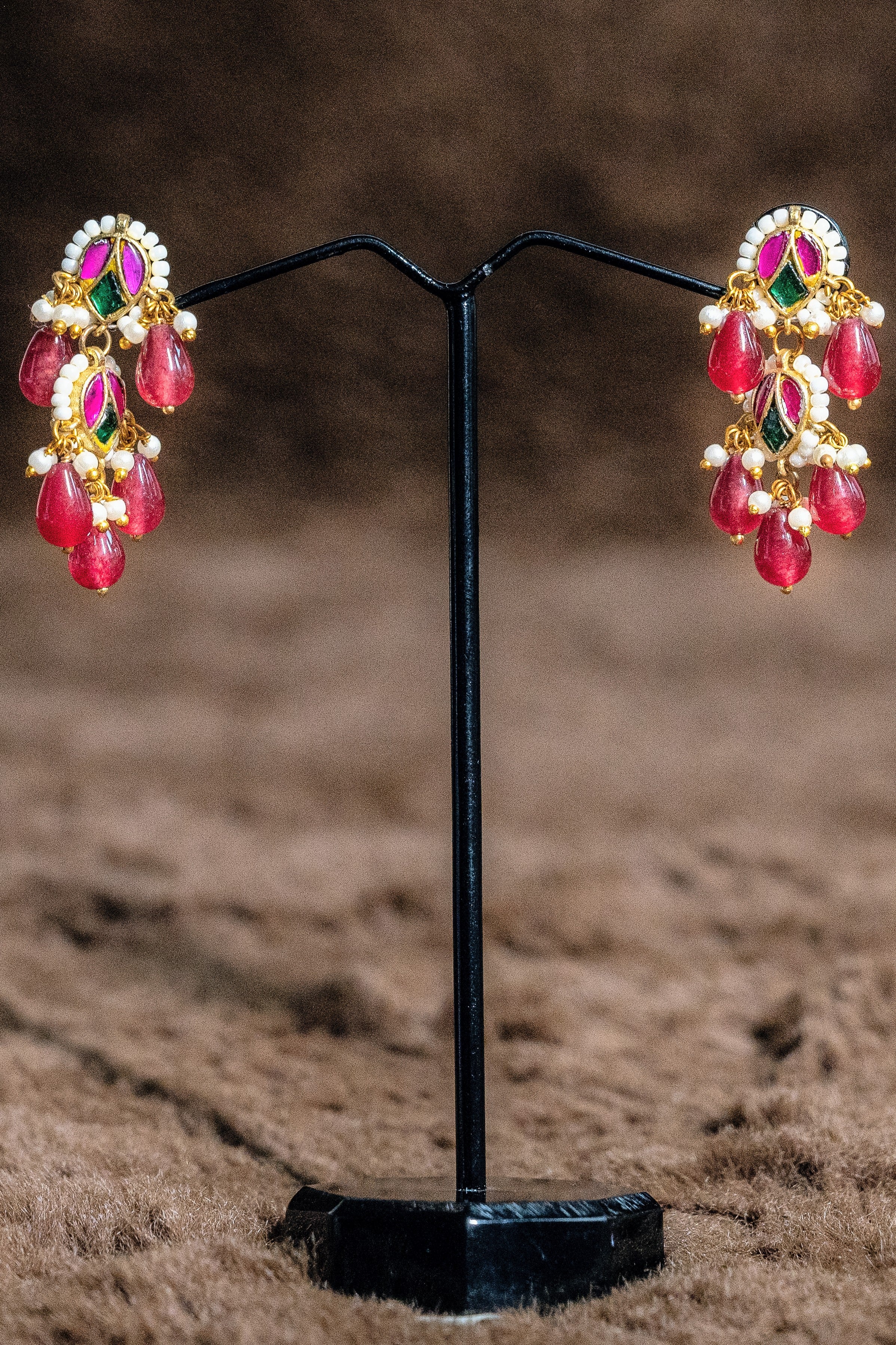 Pink Beads Jadau Kundan Necklace Set With Emerald