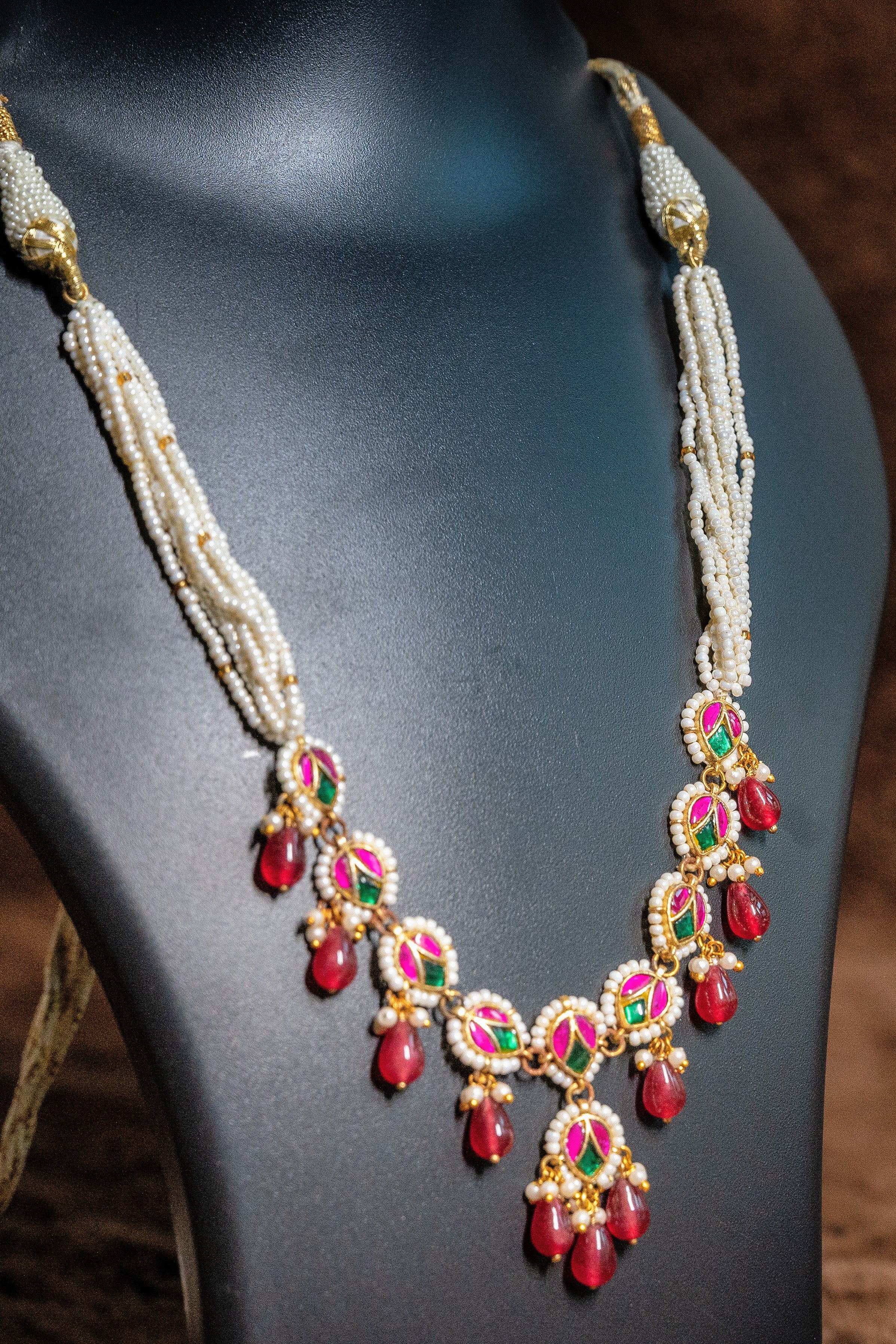 Pink Beads Jadau Kundan Necklace Set With Emerald