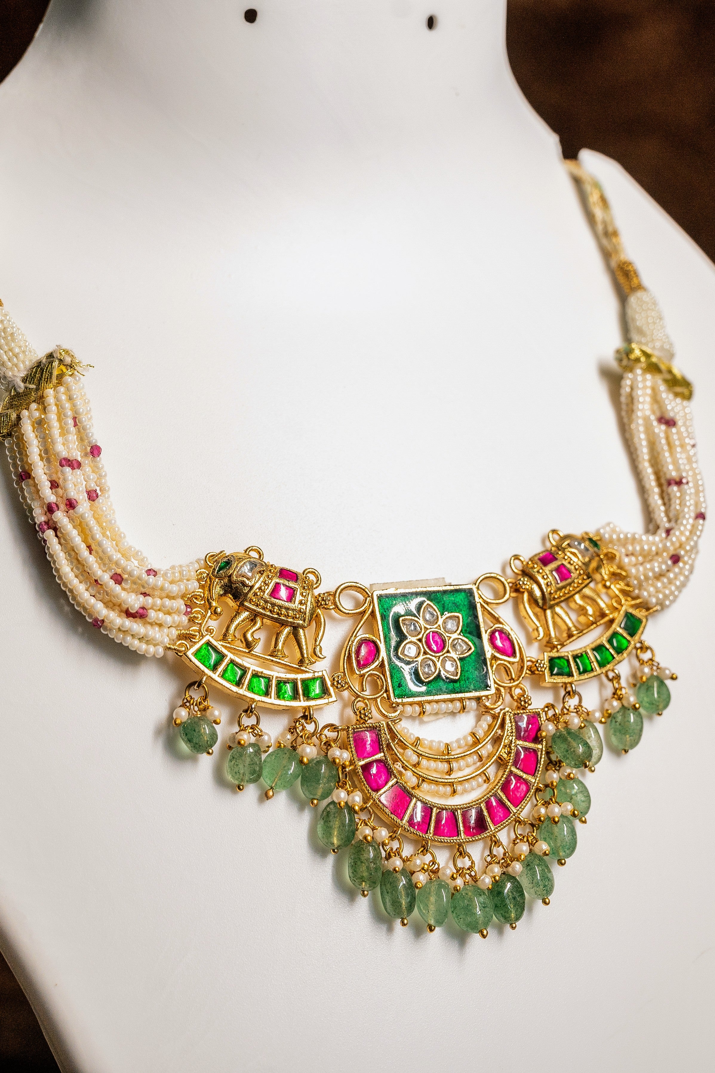 Elephant Design Jadau Kundan Necklace Set With Emerald