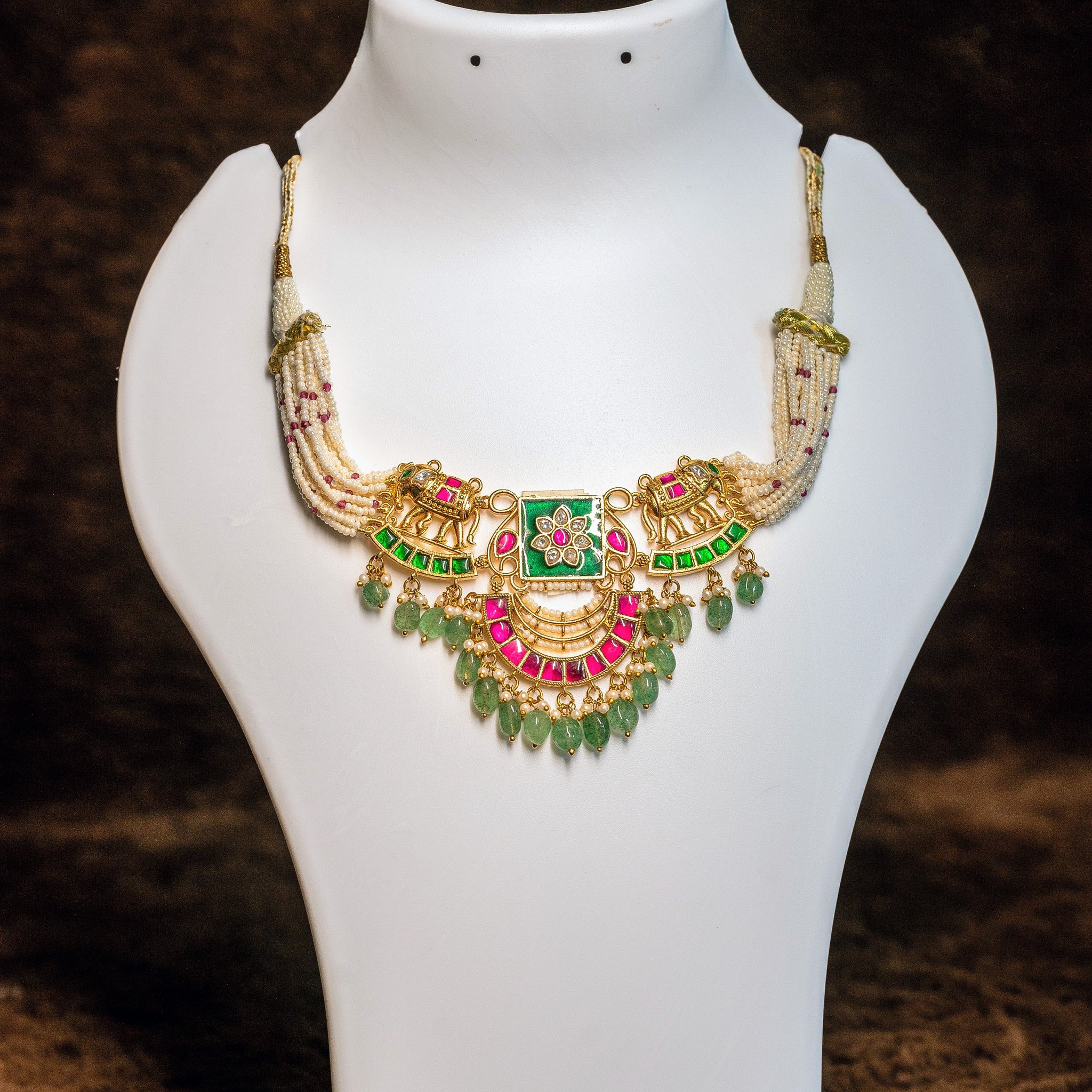 Elephant Design Jadau Kundan Necklace Set With Emerald