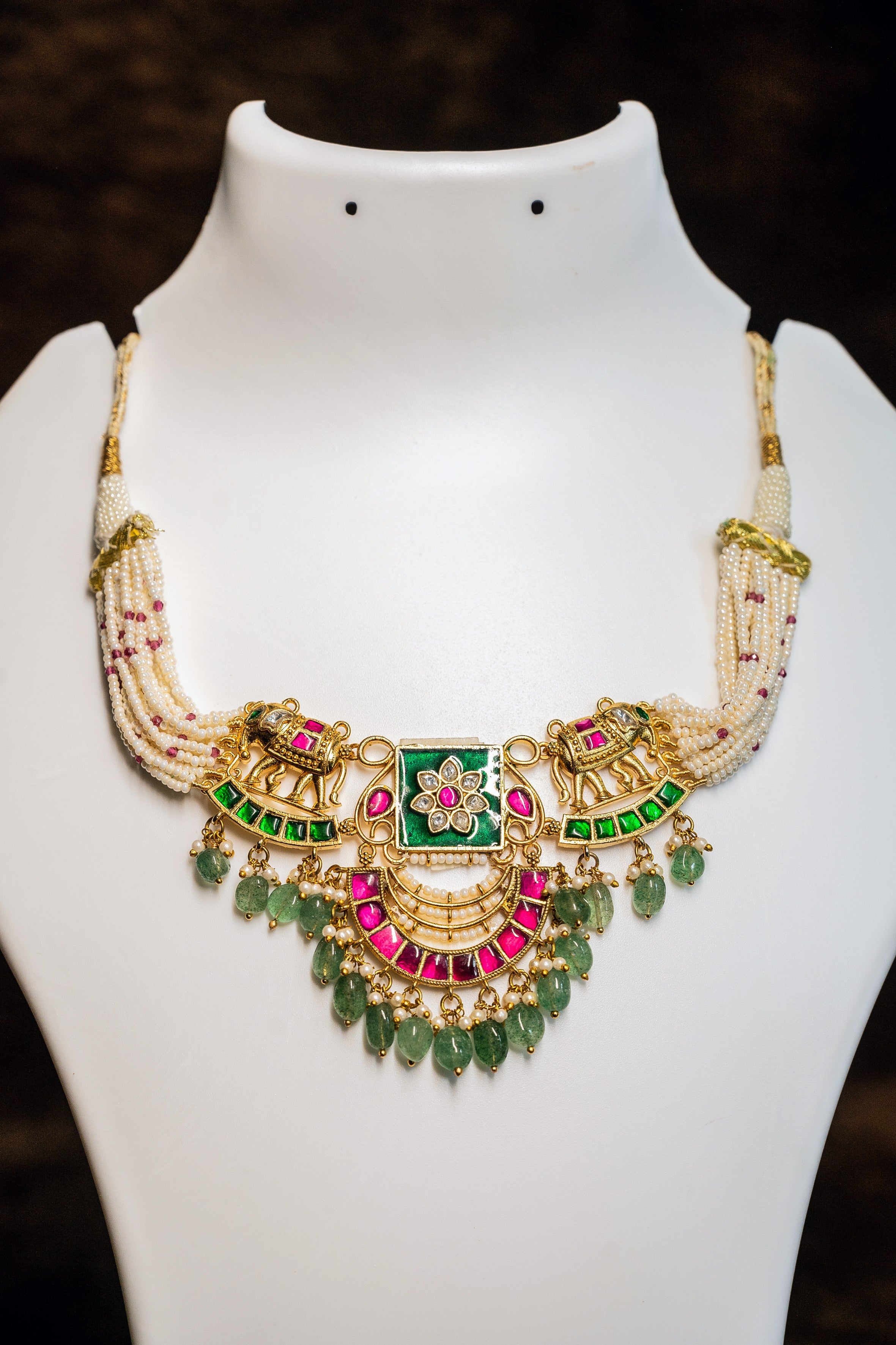 Elephant Design Jadau Kundan Necklace Set With Emerald
