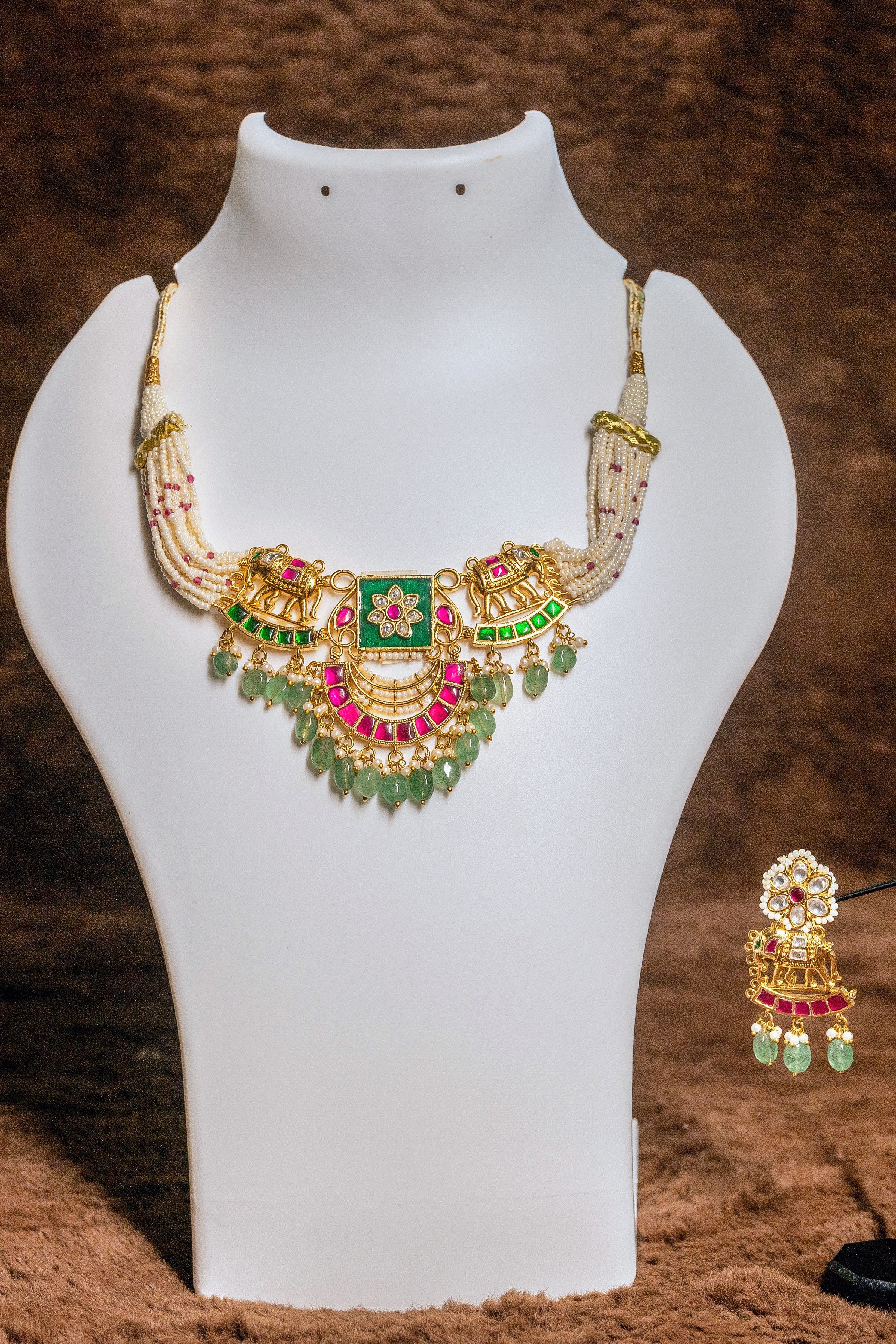 Elephant Design Jadau Kundan Necklace Set With Emerald