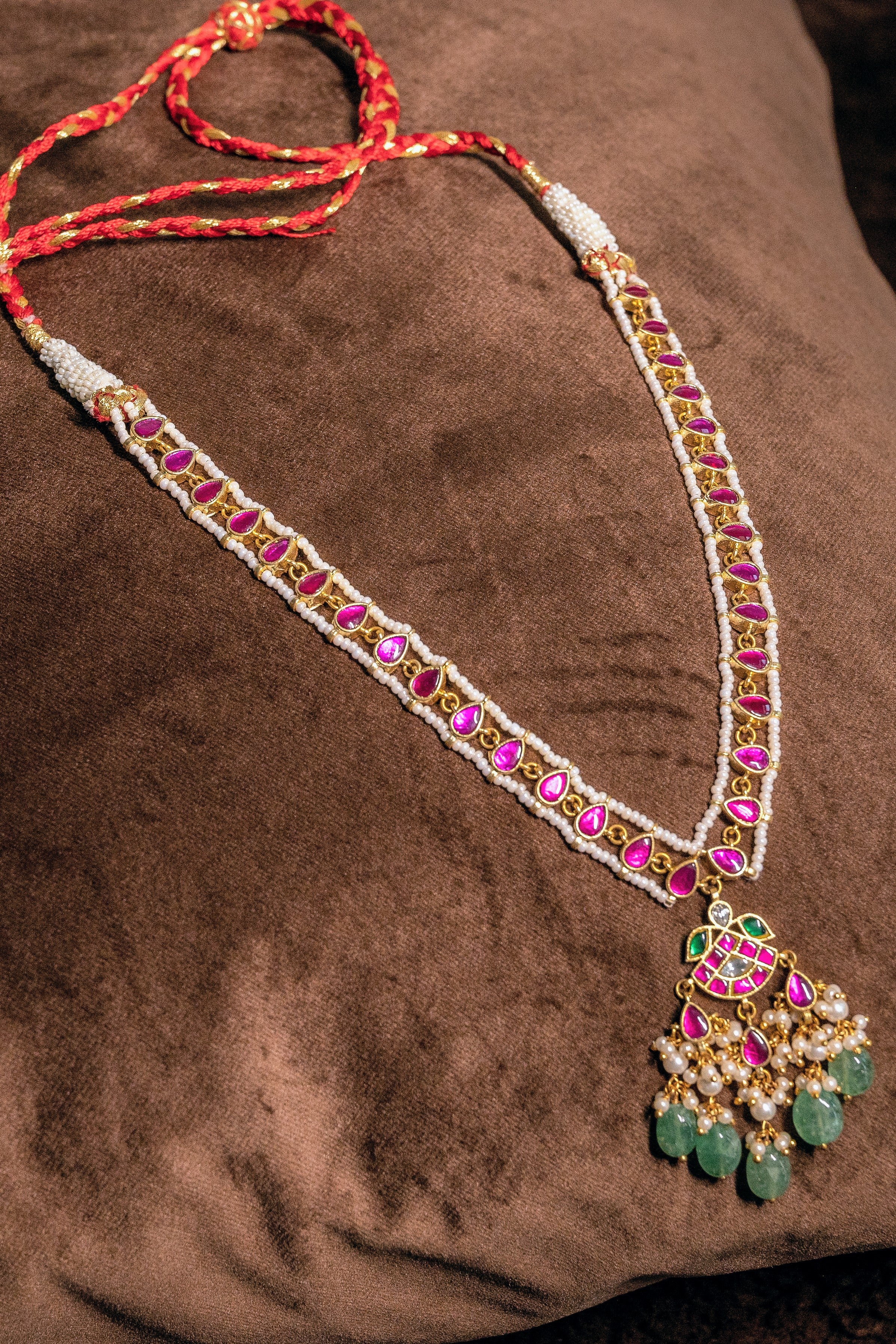 Pink Stone Jadau Kundan Necklace Set With Earnings