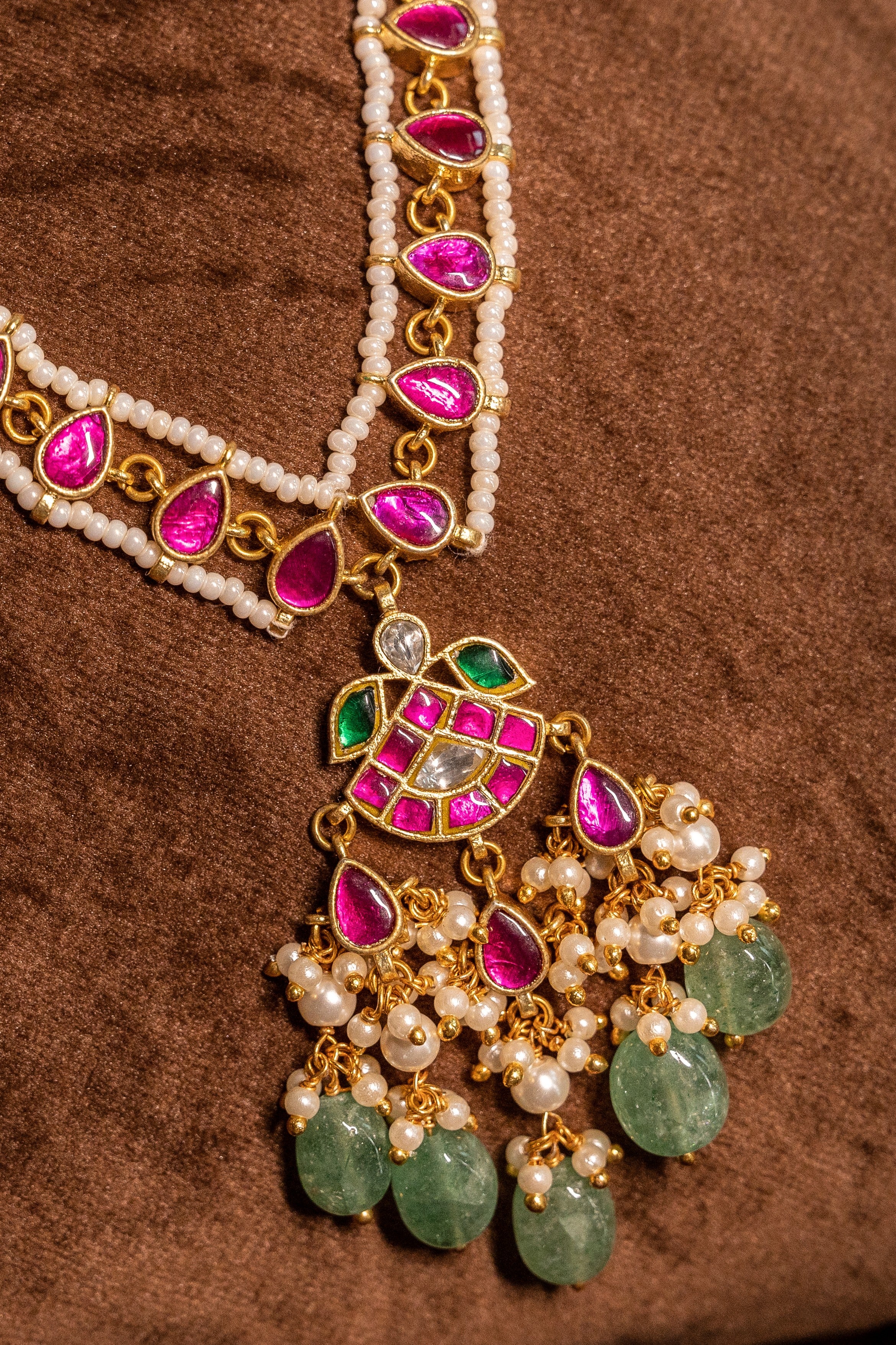 Pink Stone Jadau Kundan Necklace Set With Earnings