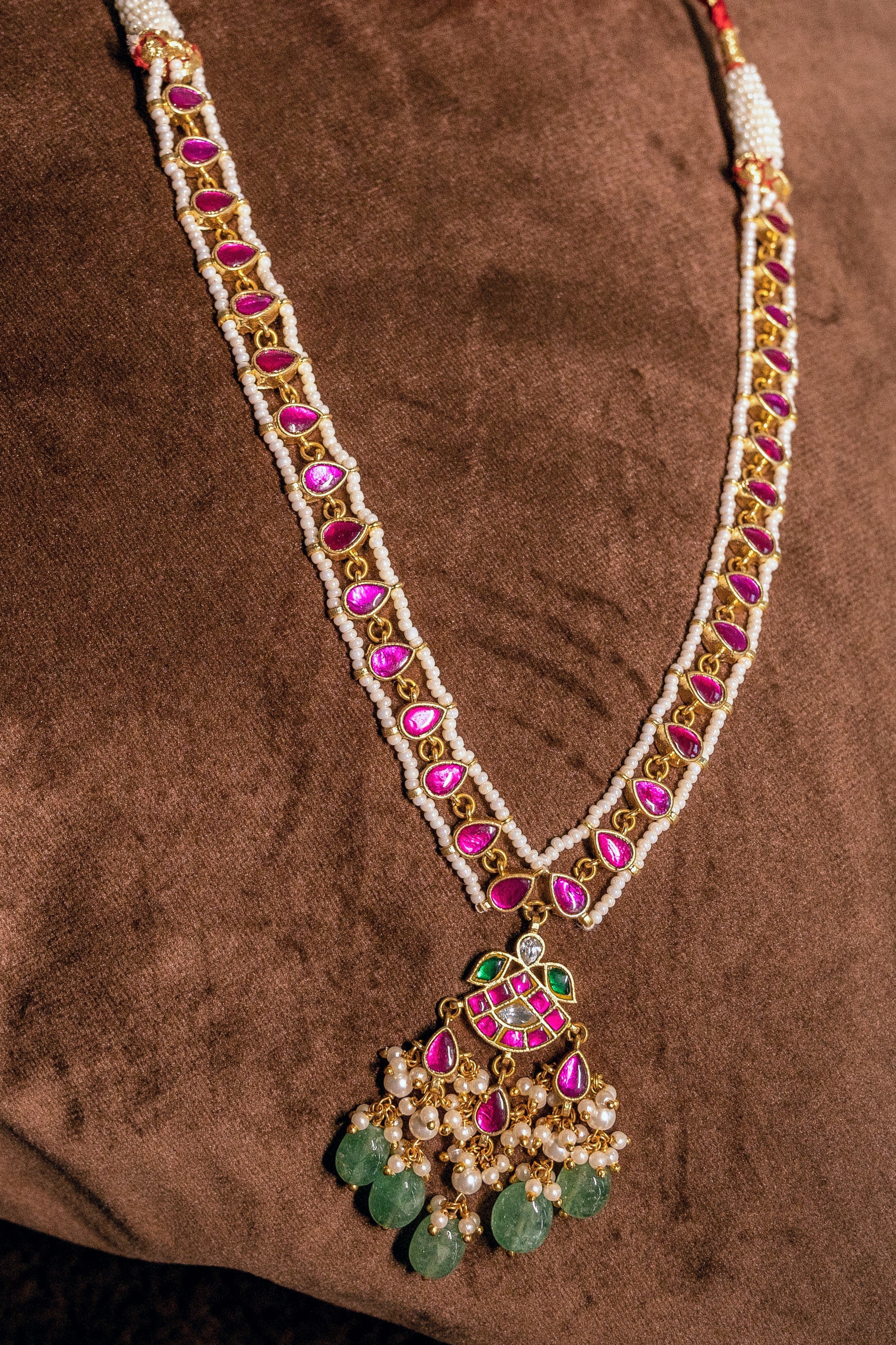 Pink Stone Jadau Kundan Necklace Set With Earnings