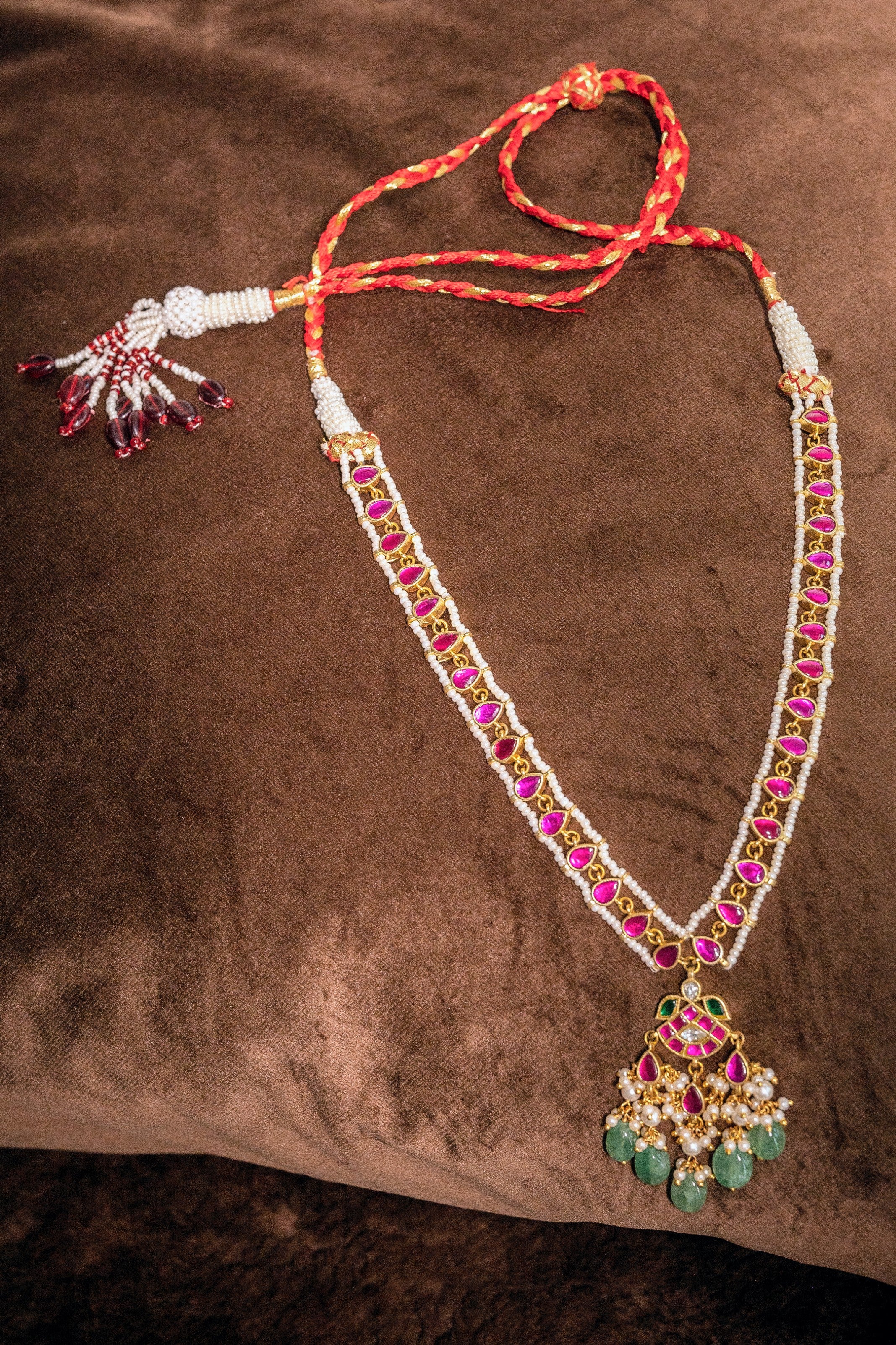 Pink Stone Jadau Kundan Necklace Set With Earnings