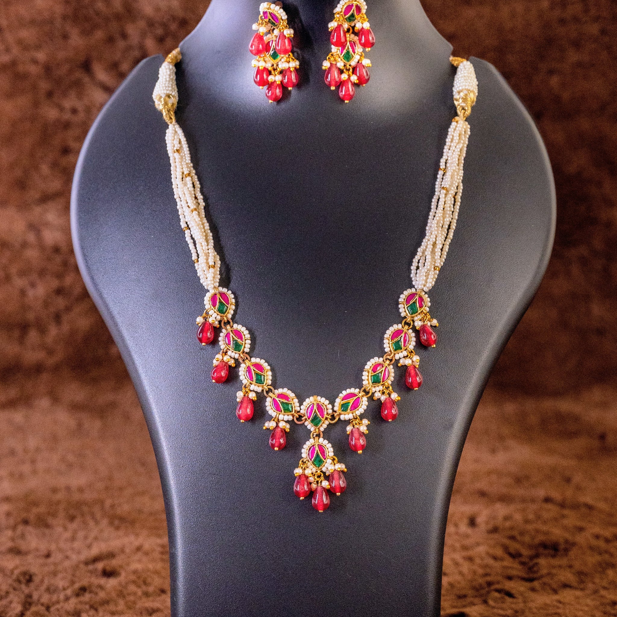 Pink Beads Jadau Kundan Necklace Set With Emerald