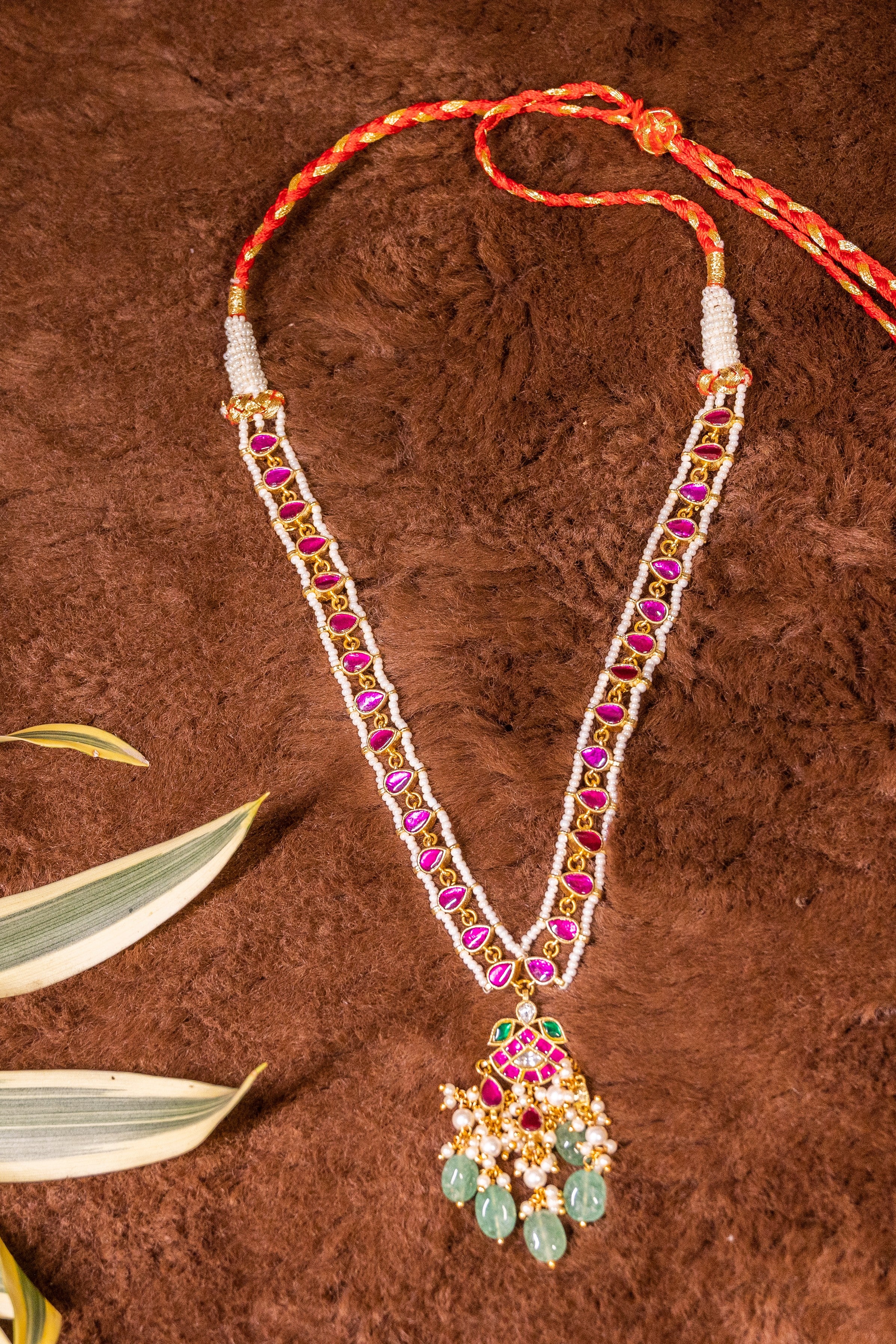 Pink Stone Jadau Kundan Necklace Set With Earnings