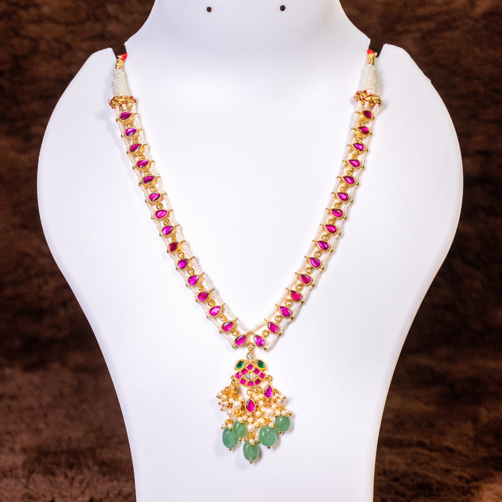 Pink Stone Jadau Kundan Necklace Set With Earnings