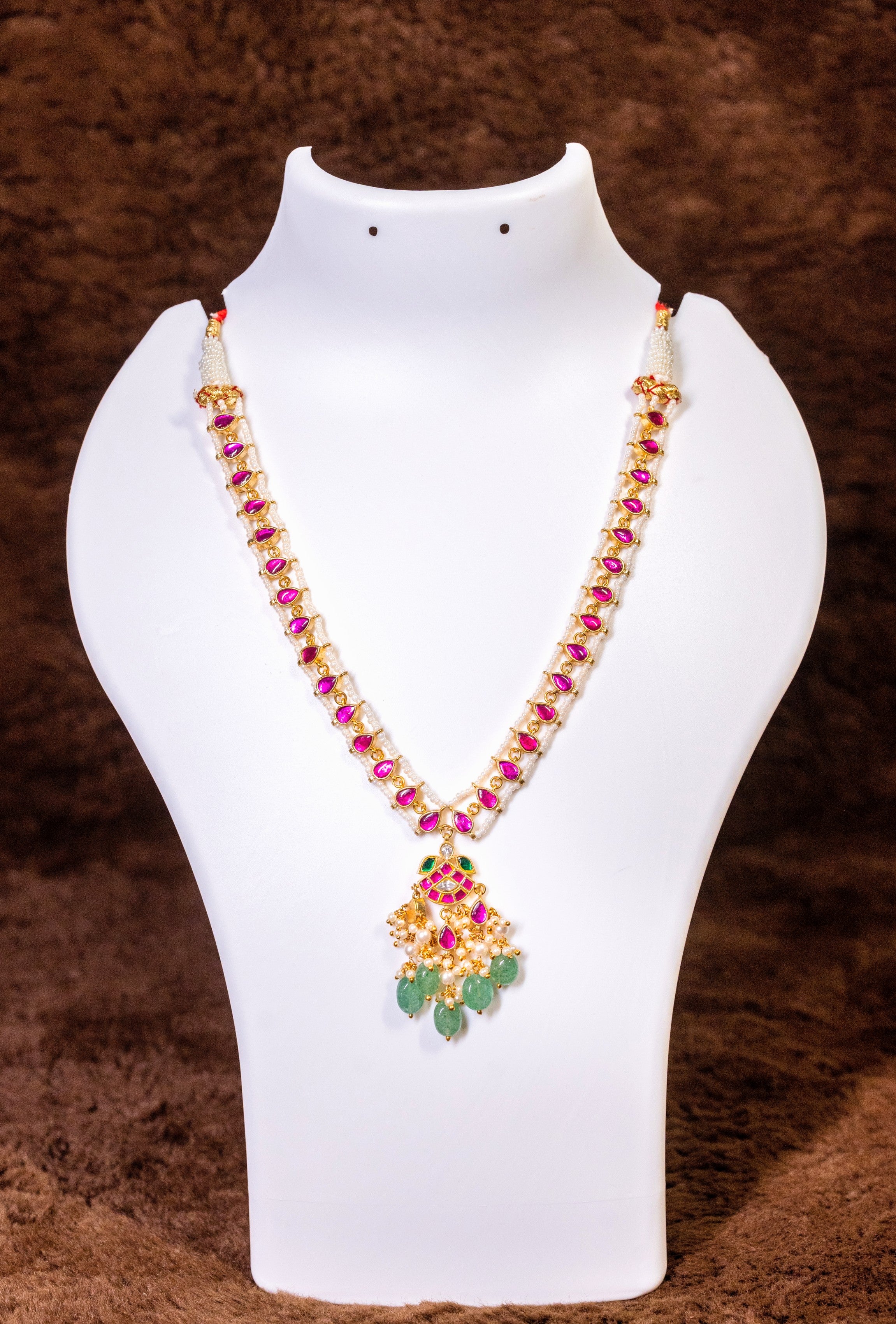Pink Stone Jadau Kundan Necklace Set With Earnings