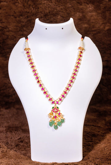 Pink Stone Jadau Kundan Necklace Set With Earnings