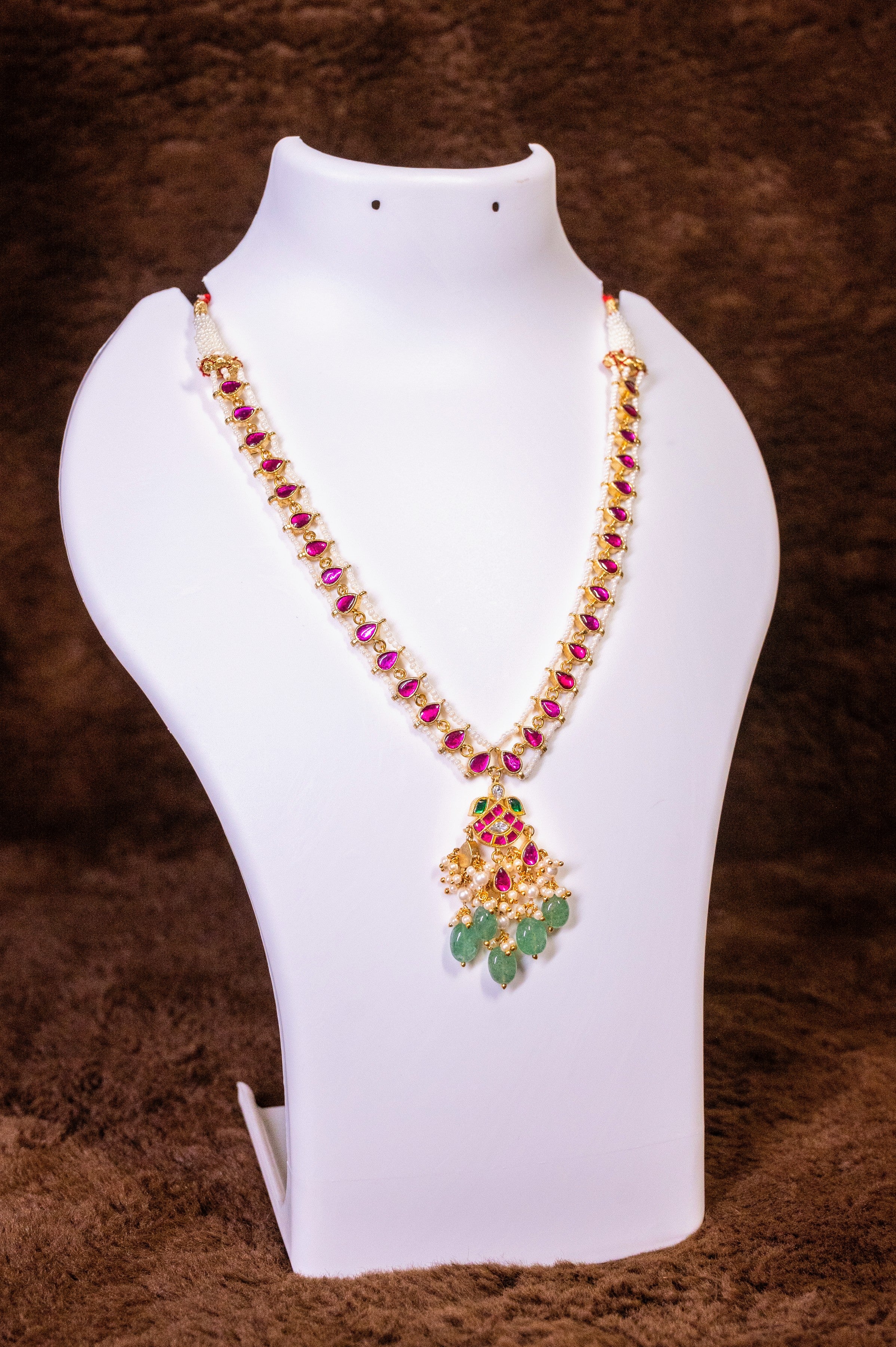 Pink Stone Jadau Kundan Necklace Set With Earnings